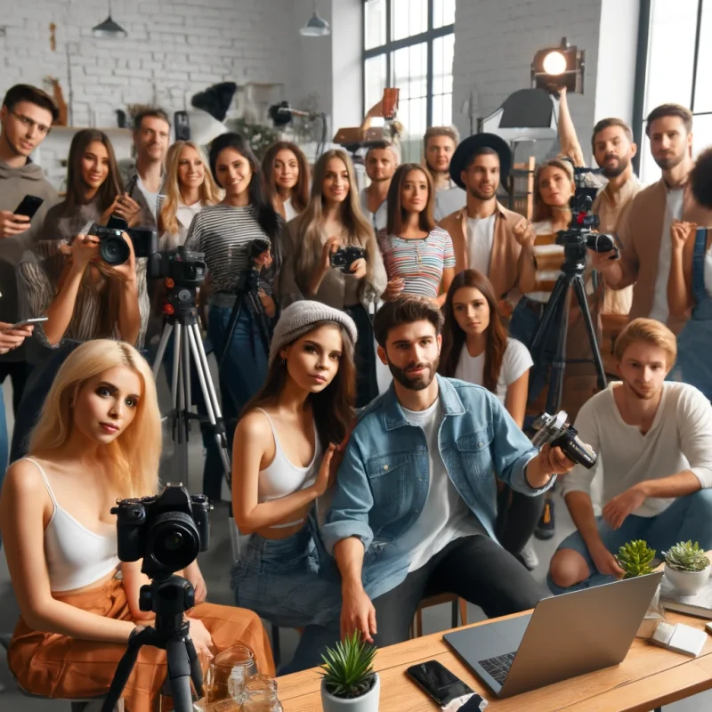 DALL·E_2024-06-03_23.12.20_-_A_diverse_group_of_social_media_influencers_creating_content_together._They_are_in_a_modern,_well-lit_studio_with_cameras,_smartphones,_and_other_reco