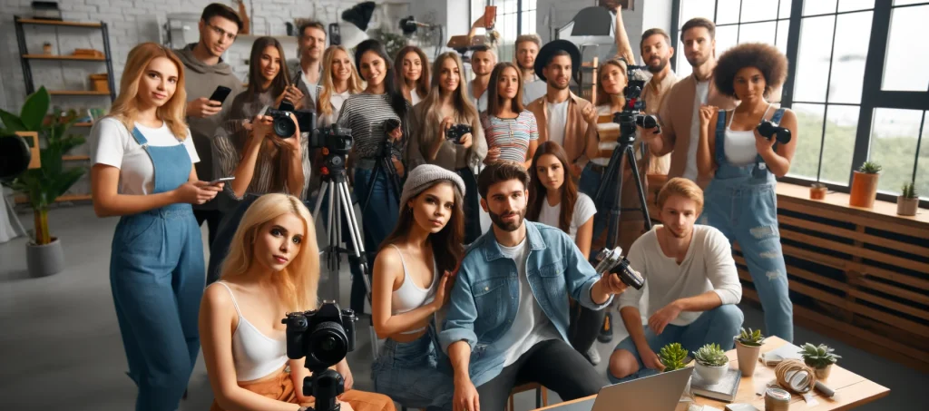 DALL·E_2024-06-03_23.12.20_-_A_diverse_group_of_social_media_influencers_creating_content_together._They_are_in_a_modern,_well-lit_studio_with_cameras,_smartphones,_and_other_reco